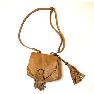 Vintage Mudd Crossbody Purse Faux Leather Brown Tassel 90s Y2K Brass Accent